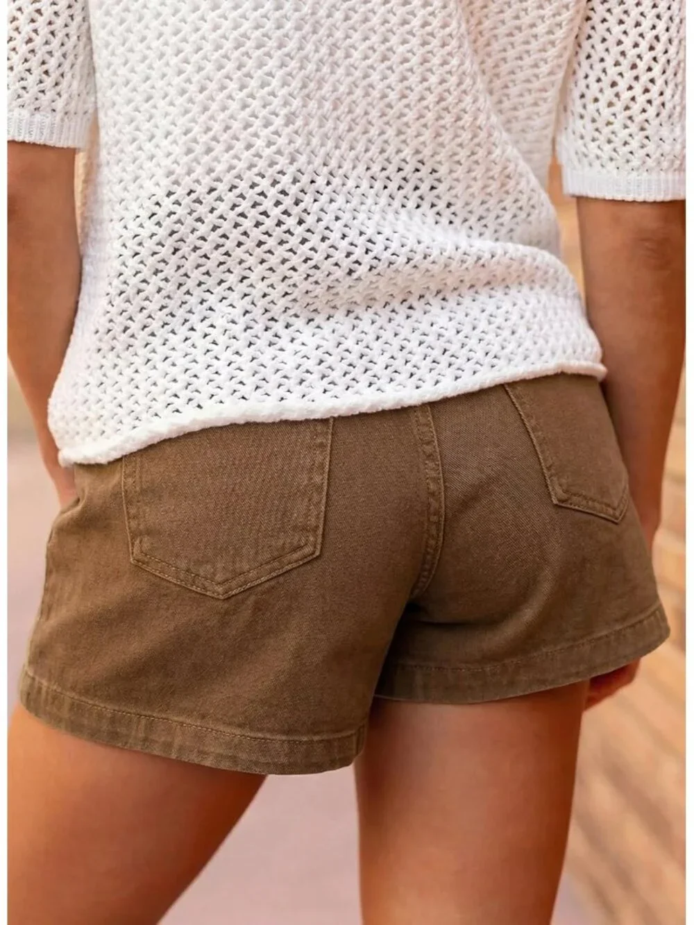 Women's Brown High Waisted Stretchy Shorts Double Button Denim Jean Shorts